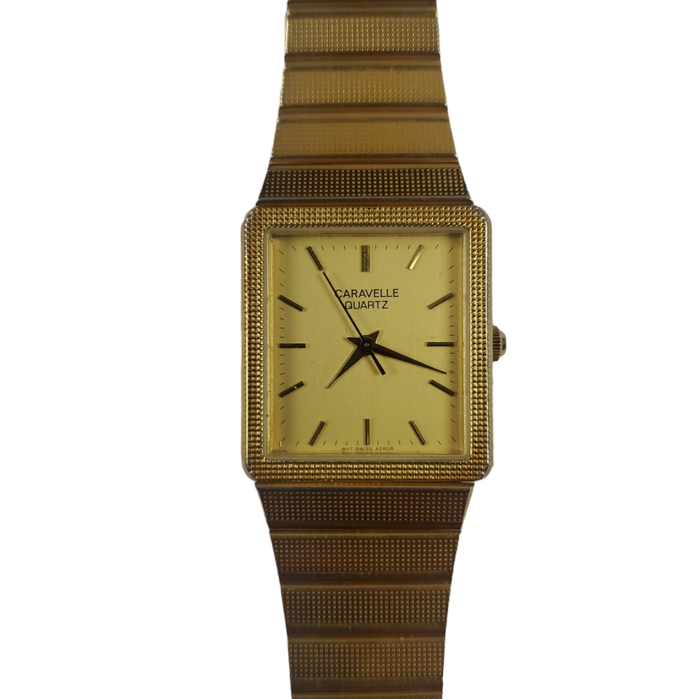 Caravelle Bulova Gold Electroplated Dress Watch Mens Quartz Rectangle Dial Metal